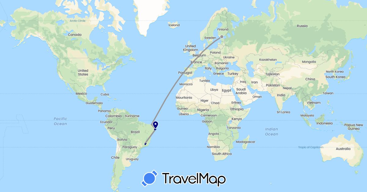 TravelMap itinerary: driving, plane in Brazil, Finland, France (Europe, South America)